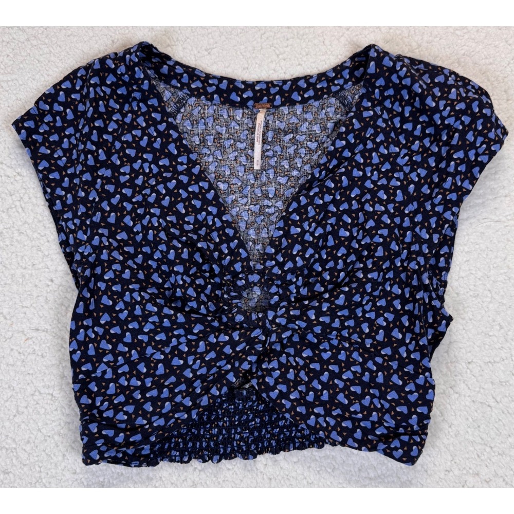 Free People Heart Print Smocked Twisted Front V-Neck Crop Top Navy Blue Small